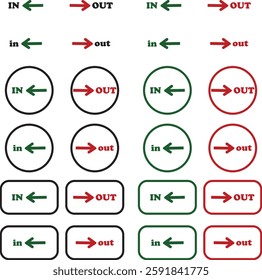 IN OUT arrow icons set. Simple arrow big vector collection isolated on transparent background. Red or green street sign with flat arrow pointing right and left signboard on road for pointing direction