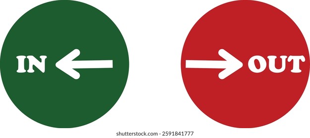 IN OUT arrow icons set. Simple arrow big vector collection isolated on transparent background. Red or green street sign with flat arrow pointing right and left signboard on road for pointing direction