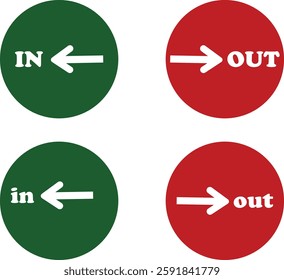 IN OUT arrow icons set. Simple arrow big vector collection isolated on transparent background. Red or green street sign with flat arrow pointing right and left signboard on road for pointing direction
