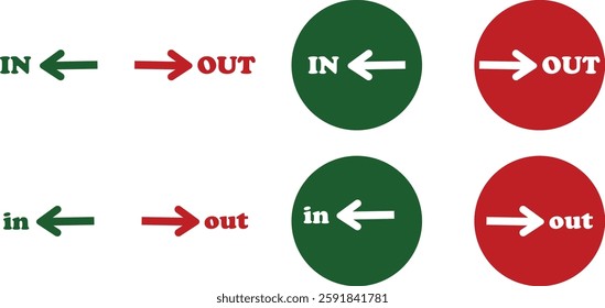 IN OUT arrow icons set. Simple arrow big vector collection isolated on transparent background. Red or green street sign with flat arrow pointing right and left signboard on road for pointing direction