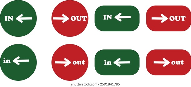 IN OUT arrow icons set. Simple arrow big vector collection isolated on transparent background. Red or green street sign with flat arrow pointing right and left signboard on road for pointing direction