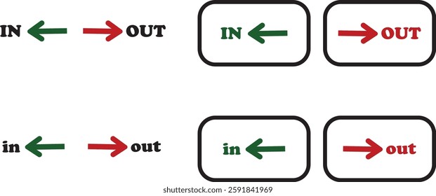 IN OUT arrow icons set. Simple arrow big vector collection isolated on transparent background. Red or green street sign with flat arrow pointing right and left signboard on road for pointing direction