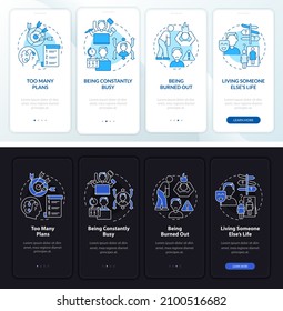 Out of balance life night and day mode onboarding mobile app screen. Tips walkthrough 4 steps graphic instructions pages with linear concepts. UI, UX, GUI template. Myriad Pro-Bold, Regular fonts used