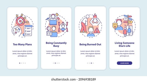 Out of balance life onboarding mobile app screen. Problems walkthrough 4 steps graphic instructions pages with linear concepts. UI, UX, GUI template. Myriad Pro-Bold, Regular fonts used