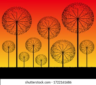 Out of bloom dandelions. Vector illustration background. Black dandelion on red-yellow
background. Autumn sunset over dandelions in the meadow.

