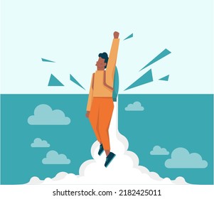 Out Of The Box Concept. Breakthrough Barrier Or Problem With Creativity And Leadership. Freedom, Character Stepping Out Of The Boarder And Overcoming Obstacles. Flat Vector Illustration