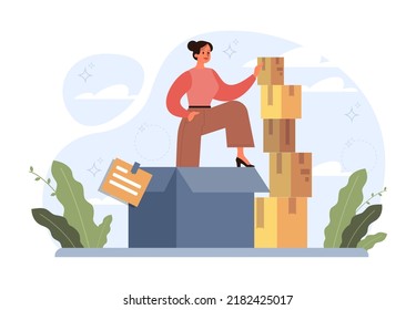 Out Of The Box Concept. Breakthrough Barrier Or Problem With Creativity And Leadership. Freedom, Character Stepping Out Of The Boarder And Overcoming Obstacles. Flat Vector Illustration