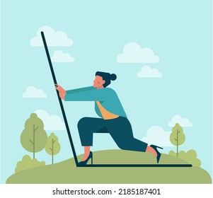 Out Of The Box Concept. Breakthrough Barrier Or Problem With Creativity And Leadership. Freedom, Character Stepping Out Of The Boarder And Overcoming Obstacles. Flat Vector Illustration