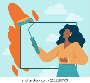 Out Of The Box Concept. Breakthrough Barrier Or Problem With Creativity And Leadership. Freedom, Character Stepping Out Of The Boarder And Overcoming Obstacles. Flat Vector Illustration