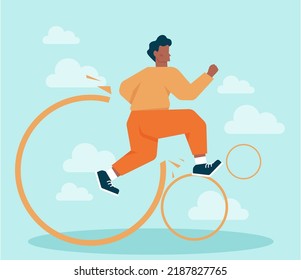 Out Of The Box Concept. Breakthrough Barrier Or Problem With Creativity And Leadership. Freedom, Character Stepping Out Of The Boarder And Overcoming Obstacles. Flat Vector Illustration