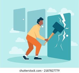 Out Of The Box Concept. Breakthrough Barrier Or Problem With Creativity And Leadership. Freedom, Character Stepping Out Of The Boarder And Overcoming Obstacles. Flat Vector Illustration