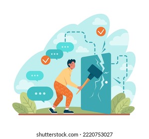 Out of the box concept. Breakthrough a barrier, problem solution. Creativity and leadership. Freedom, character stepping out of the boarder and overcoming obstacles. Flat vector illustration