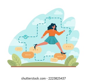 El concepto fuera de lugar. Avanzar en una barrera, solución de problemas. Creatividad y liderazgo. Libertad, carácter saliendo de la frontera y superando obstáculos. Ilustración vectorial plana