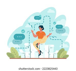 El concepto fuera de lugar. Avanzar en una barrera, solución de problemas. Creatividad y liderazgo. Libertad, carácter saliendo de la frontera y superando obstáculos. Ilustración vectorial plana