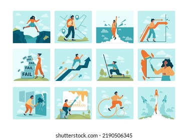 Out of the box concept set. Breakthrough barrier or problem with creativity and leadership. Freedom, character stepping out of the boarder and overcoming obstacles. Flat vector illustration