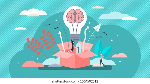 Out of the box creative idea, flat tiny persons concept vector illustration. Business innovation growth, new products development strategy and marketing goal. Brain and bulb symbol with upward arrows