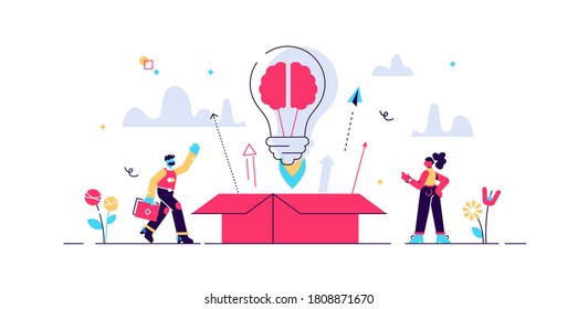 Out of the box creative idea, flat tiny persons concept vector illustration. Business innovation growth, new products development strategy and marketing goal. Brain and bulb symbol with upward arrows