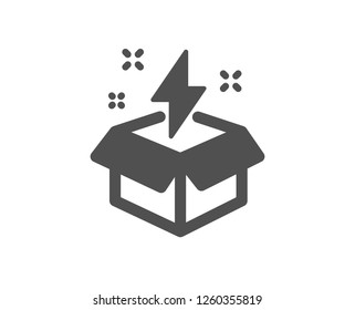 Out of the box icon. Creativity sign. Gift box with lightning bolt symbol. Quality design element. Classic style icon. Vector