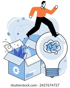 Out of the box idea vector illustration. The out-of-the-box idea metaphor shapes landscape success Strategic research provides building blocks for out-of-the-box solutions Creative minds thrive