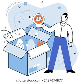 Out of the box idea vector illustration. The out-of-the-box idea metaphor shapes mindset success Strategic research provides raw material for out-of-the-box solutions Creative minds flourish in garden