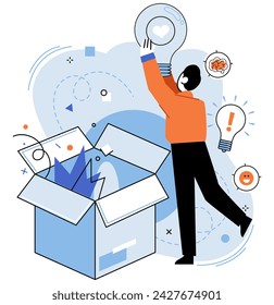 Out of the box idea vector illustration. Creative minds thrive in ecosystem out-of-the-box thinking Imagination acts as wind beneath wings out-of-the-box creativity Out-of-the-box strategies pave road