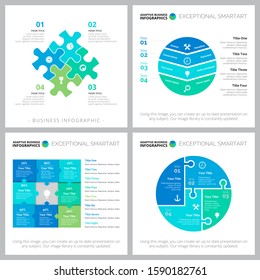 Out of the box infographic set for workflow template, annual analytics, presentation slides, web design. Development and accounting concept with process diagram and flow puzzle charts