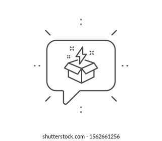 Out of the box line icon. Chat bubble design. Creativity sign. Gift box with lightning bolt symbol. Outline concept. Thin line creative idea icon. Vector