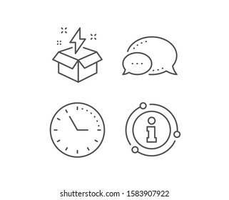 Out of the box line icon. Chat bubble, info sign elements. Creativity sign. Gift box with lightning bolt symbol. Linear creative idea outline icon. Information bubble. Vector