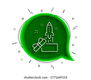 Fuera del icono de la línea de cuadro. Burbuja de chat con sombra. Iniciar el signo del proyecto. Símbolo de inicio. Icono de la innovación en línea delgada. Vector