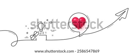Out of the box line icon. Continuous line with share plane. Creativity sign. Gift box with idea symbol. 3d heart in speech bubble. Creative idea single line ribbon. Loop curve pattern. Vector