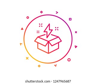 Out of the box line icon. Creativity sign. Gift box with lightning bolt symbol. Gradient pattern line button. Creative idea icon design. Geometric shapes. Vector