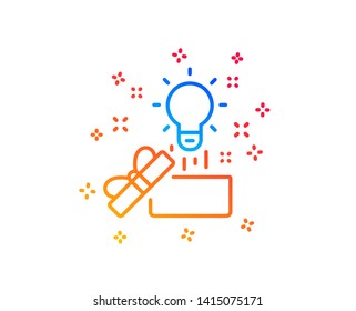 Out of the box line icon. Creativity sign. Gift box with idea symbol. Gradient design elements. Linear creative idea icon. Random shapes. Vector