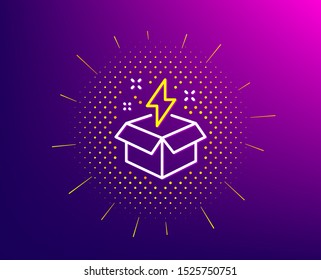 Out of the box line icon. Halftone pattern. Creativity sign. Gift box with lightning bolt symbol. Gradient background. Creative idea line icon. Yellow halftone pattern. Vector