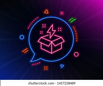 Out of the box line icon. Neon laser lights. Creativity sign. Gift box with lightning bolt symbol. Glow laser speech bubble. Neon lights chat bubble. Banner badge with creative idea icon. Vector