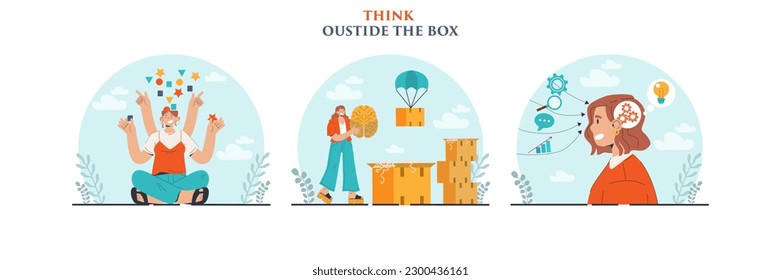Out of the box set. Break through the barrier or problem with creativity and leadership. Character thinking differently or unique, out of the boarder. Flat vector illustration