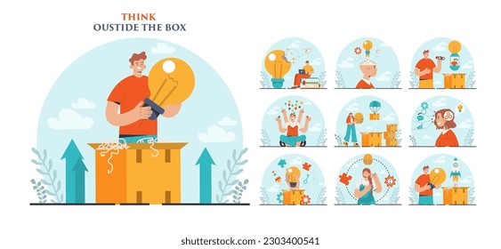 Out of the box set. Break through the barrier or problem with creativity and leadership. Character thinking differently or unique, out of the boarder. Flat vector illustration