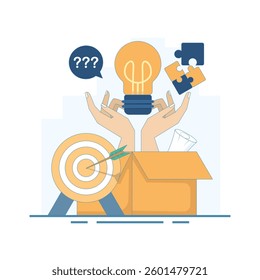 Out of the Box Thinking Concept. Out of the box creative ideas. Brainstorming and collective work. Creative personality and solution finding. Selection of the best option and analysis.