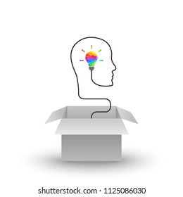 Out of the box thinking concept with gray cardboard box, colorful lightbulb and wire forming head silhouette. Vector illustration on white background.