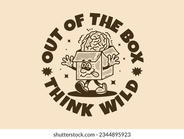 Out of the box, Vintage mascot character of a cardboard box with a human brain on it