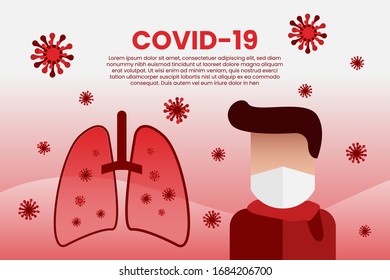 out of breath illustration for Covid-19 (Coronavirus or 2019-ncov) in red flat style design background. premium vector EPS10