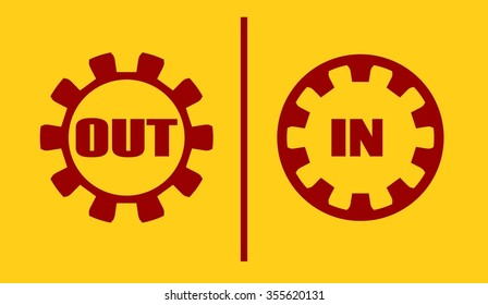 Out, in buttons. Cog wheel style design 