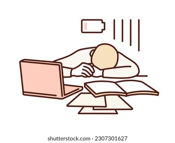 Out of charge. Clip art of a man plopped down at his office desk because he is so tired.