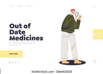 Out of date medicines landing page with man examining pills bottle with magnifying glass. Expired medicines concept. Healthcare and medical treatment. Cartoon vector illustration