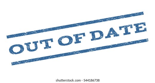 Out Of Date watermark stamp. Text caption between parallel lines with grunge design style. Rubber seal stamp with dust texture. Vector cobalt blue color ink imprint on a white background.