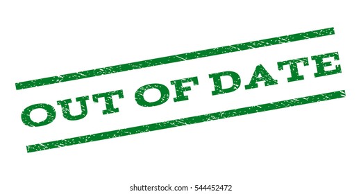 Out Of Date watermark stamp. Text tag between parallel lines with grunge design style. Rubber seal stamp with dirty texture. Vector green color ink imprint on a white background.