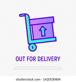 Out for delivery thin line icon: package on hand-truck. Modern vector illustration for cargo distribution.