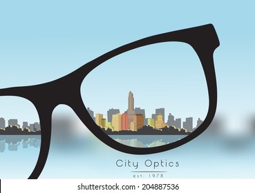 Out of Focus Business Building City with Sky and with Glasses that Correct the Vision - Vector Illustration