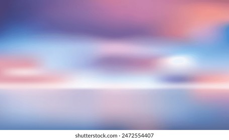 Out of focus sky in pink and blue tones, blurred pattern background, beautiful reflections on the water surface of the sea or river, banner elements, posters, travel business brochures, beauty treatme