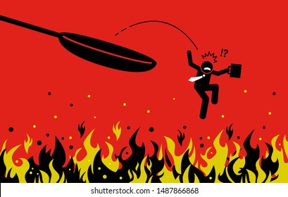 Out of the frying pan and into the fire. Vector artwork concept depicts a businessman making mistake by trying to get out from danger but fell into a far worse situation. 