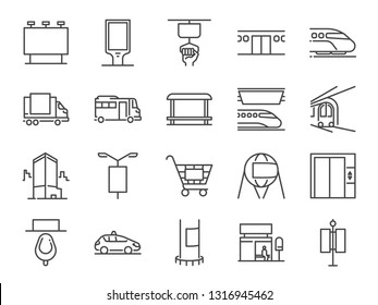 Out of home media line icon set. Included icons as advertise, outdoor advertising, marketing, outdoor media and more.